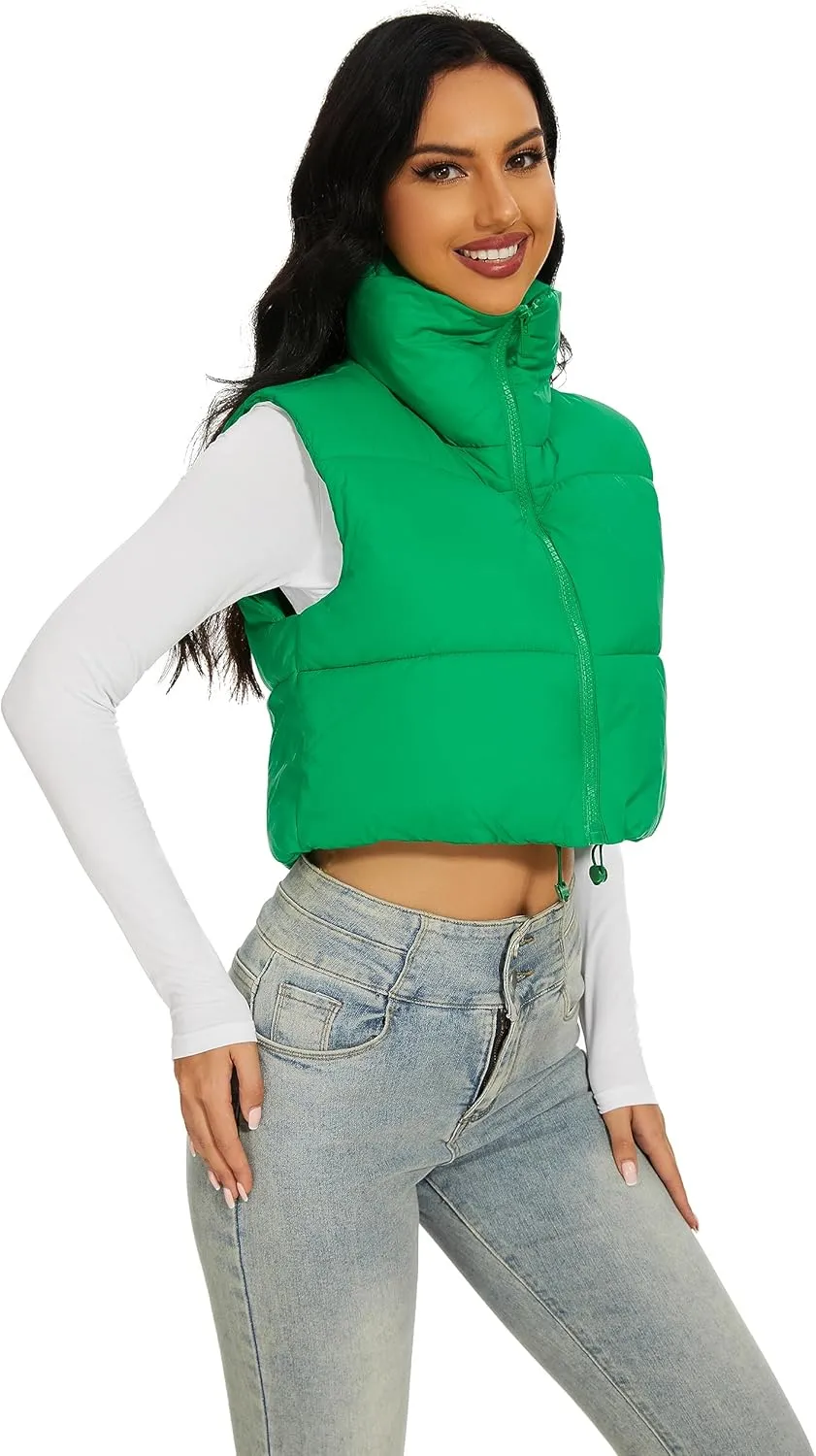 Womens Cropped Puffer Vest Stand Collar Zip Up Lightweight Winter Puffy Jacket Vests Outerwear