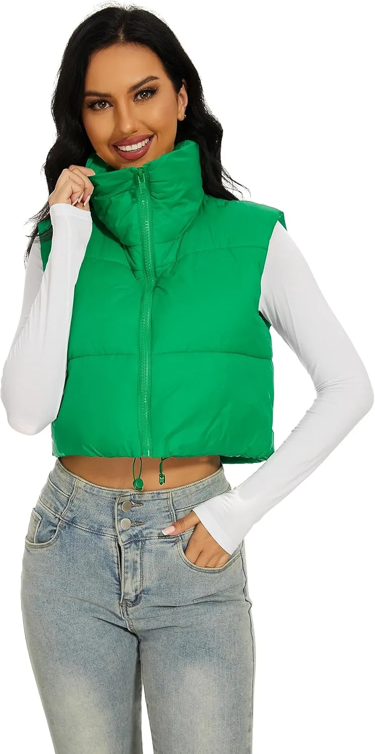 Womens Cropped Puffer Vest Stand Collar Zip Up Lightweight Winter Puffy Jacket Vests Outerwear