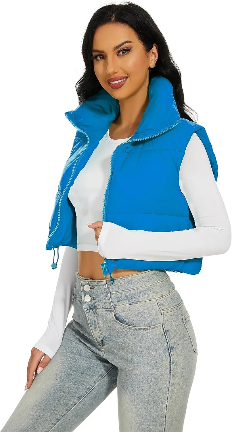 Womens Cropped Puffer Vest Stand Collar Zip Up Lightweight Winter Puffy Jacket Vests Outerwear