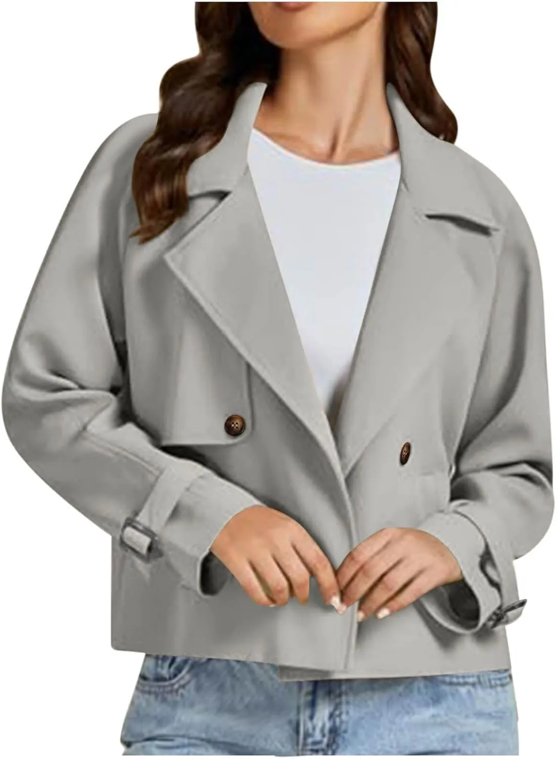 Womens Cropped Trench Coats Casual Double Breasted Short Jackets Fall Winter Fashion Outerwear with Pockets 2024