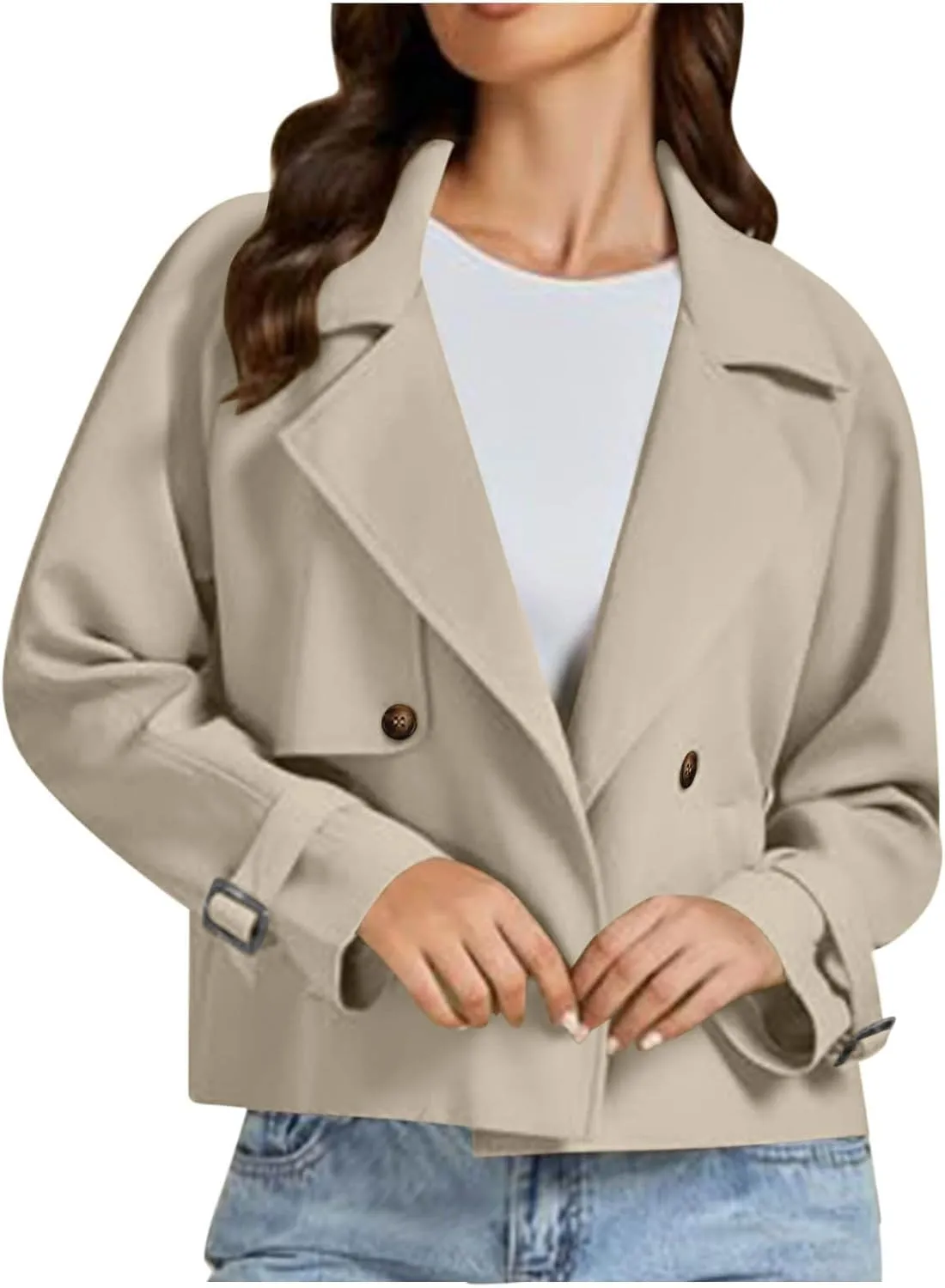 Womens Cropped Trench Coats Casual Double Breasted Short Jackets Fall Winter Fashion Outerwear with Pockets 2024