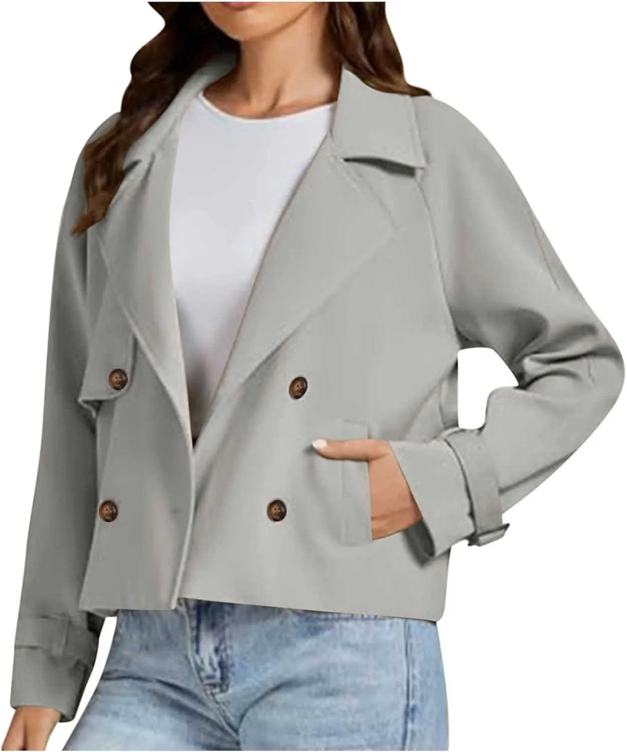 Womens Cropped Trench Coats Casual Double Breasted Short Jackets Fall Winter Fashion Outerwear with Pockets 2024