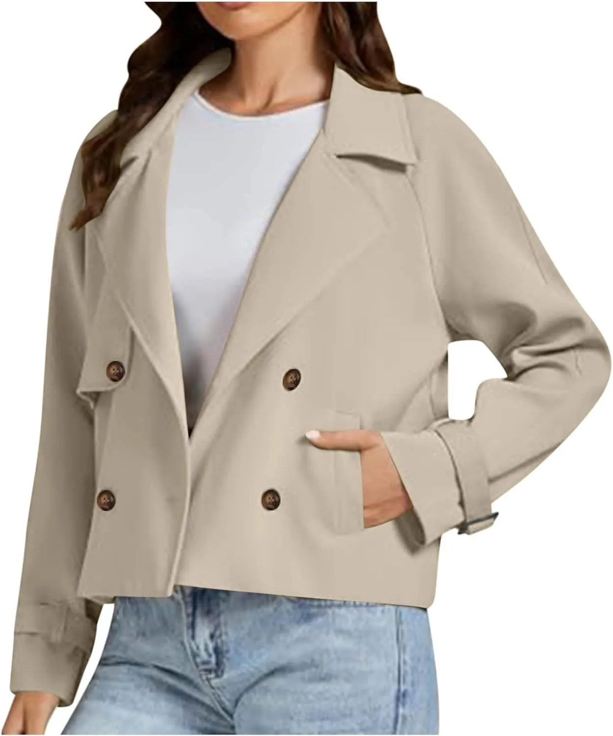 Womens Cropped Trench Coats Casual Double Breasted Short Jackets Fall Winter Fashion Outerwear with Pockets 2024