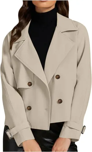 Womens Cropped Trench Coats Casual Double Breasted Short Jackets Fall Winter Fashion Outerwear with Pockets 2024
