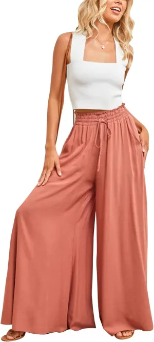 Women's Culotte Wide Leg Trousers Summer Flared Business Elastic High Waist Leisure Jogging Yoga Casual Running(m-Orange red)