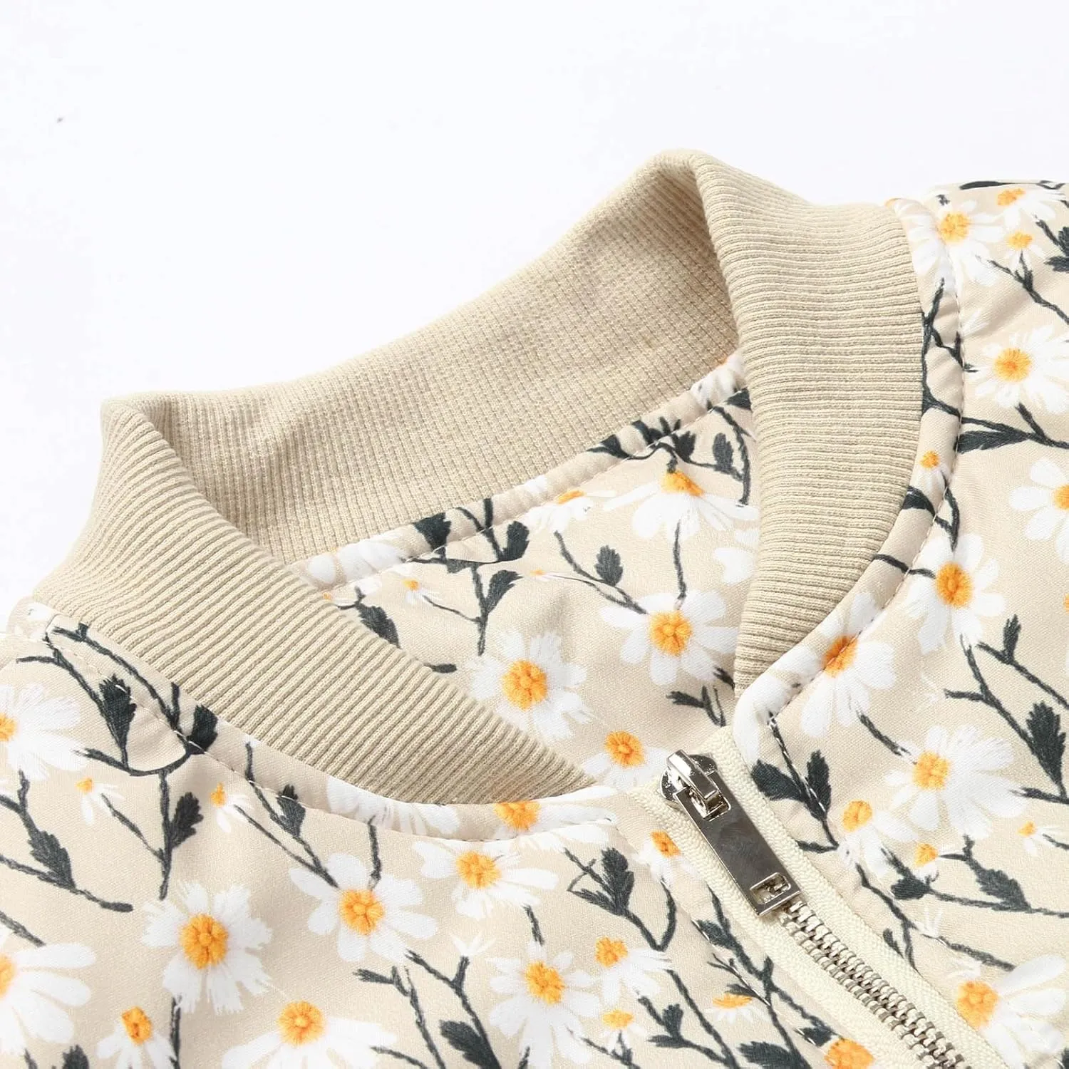 Women's Embroidered Daisy Cropped Bomberr Jacket Long Sleeve Zipper Down Cotton Padded Coat Outerwear Fall Winter