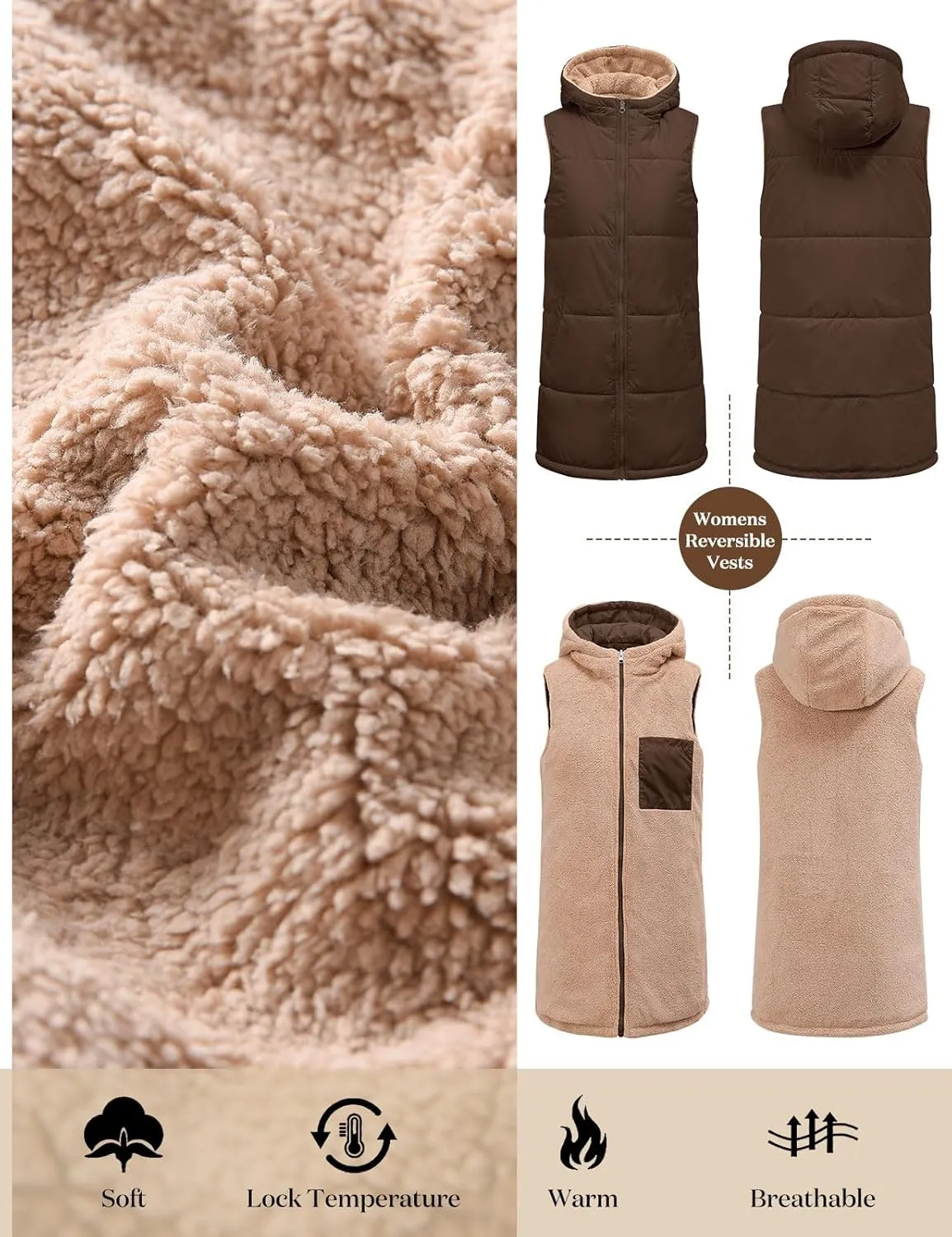 Womens Fall Reversible Vests Sleeveless Fleece Hoodie Jacket Zip Up Winter Warm Hooded Long Coat Outerwear with Pockets