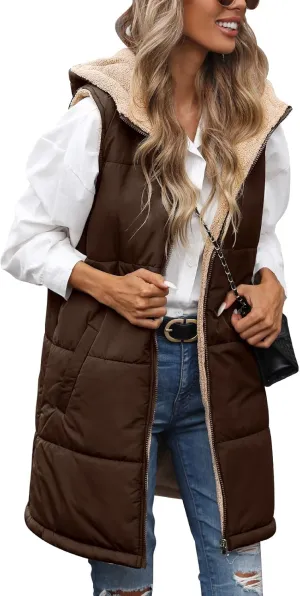 Womens Fall Reversible Vests Sleeveless Fleece Hoodie Jacket Zip Up Winter Warm Hooded Long Coat Outerwear with Pockets