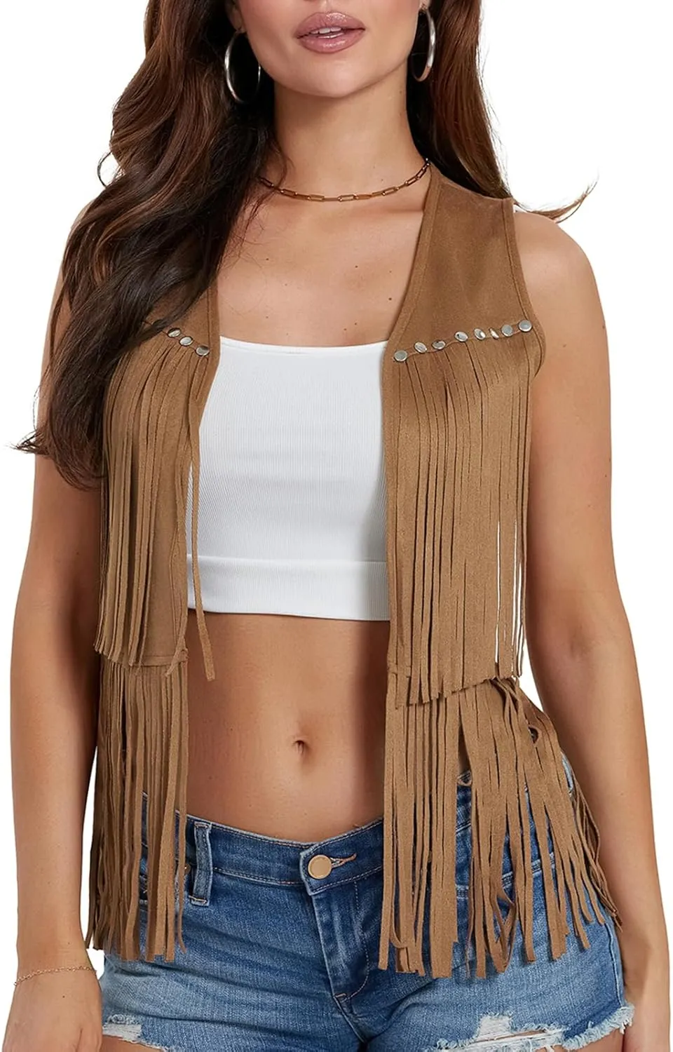 Womens Fringe Vest 60s 70s Hippie Vest Sleeveless Cowgirl Western Faux Suede Tassel Jacket Cardigan Outerwear