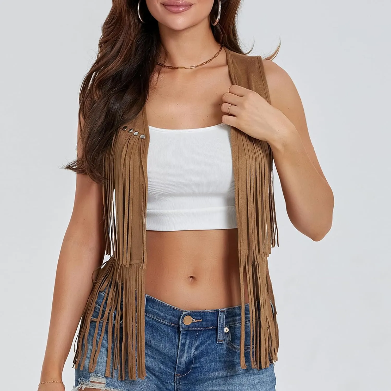 Womens Fringe Vest 60s 70s Hippie Vest Sleeveless Cowgirl Western Faux Suede Tassel Jacket Cardigan Outerwear