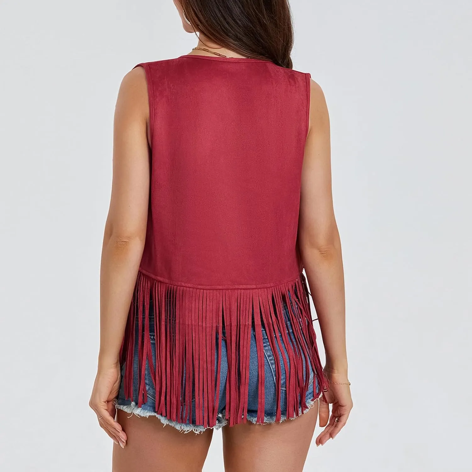 Womens Fringe Vest 60s 70s Hippie Vest Sleeveless Cowgirl Western Faux Suede Tassel Jacket Cardigan Outerwear