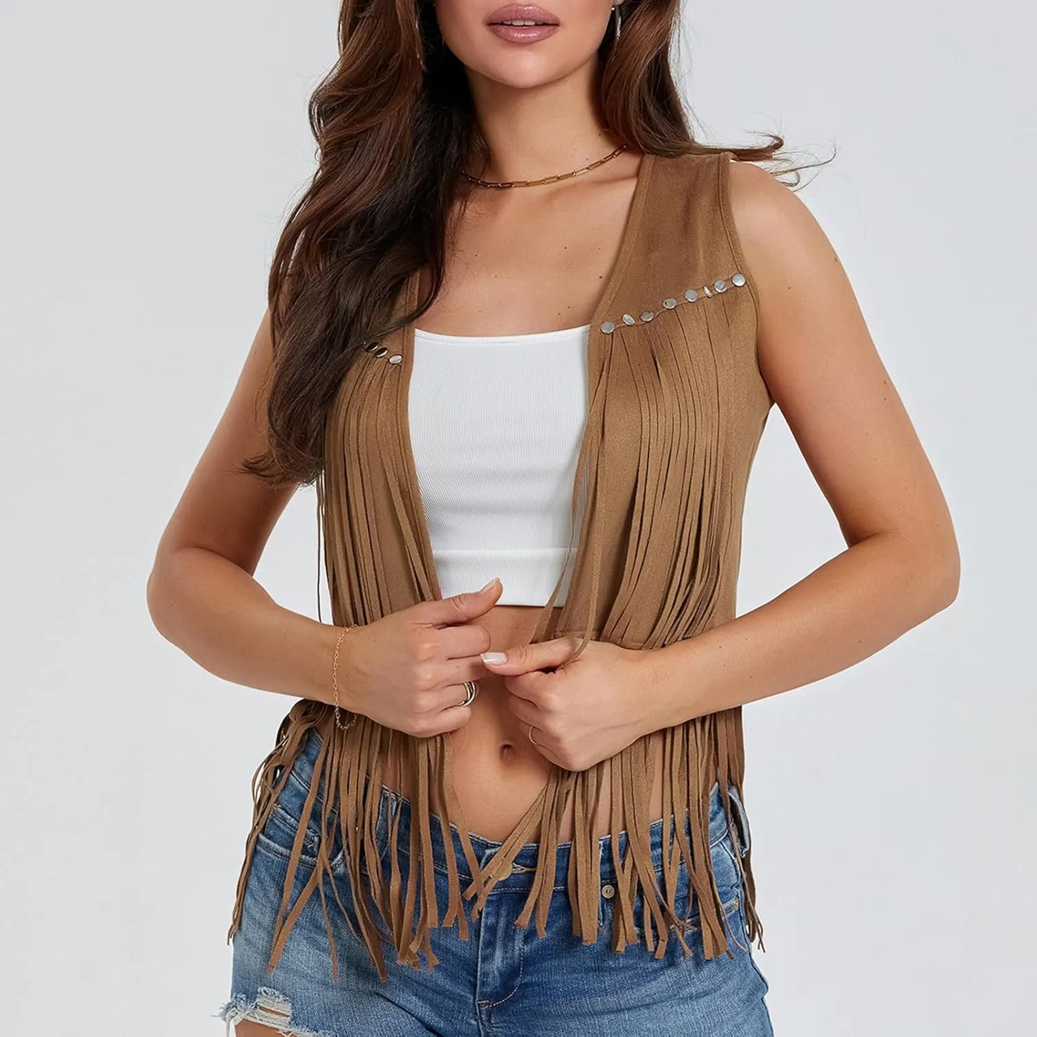 Womens Fringe Vest 60s 70s Hippie Vest Sleeveless Cowgirl Western Faux Suede Tassel Jacket Cardigan Outerwear