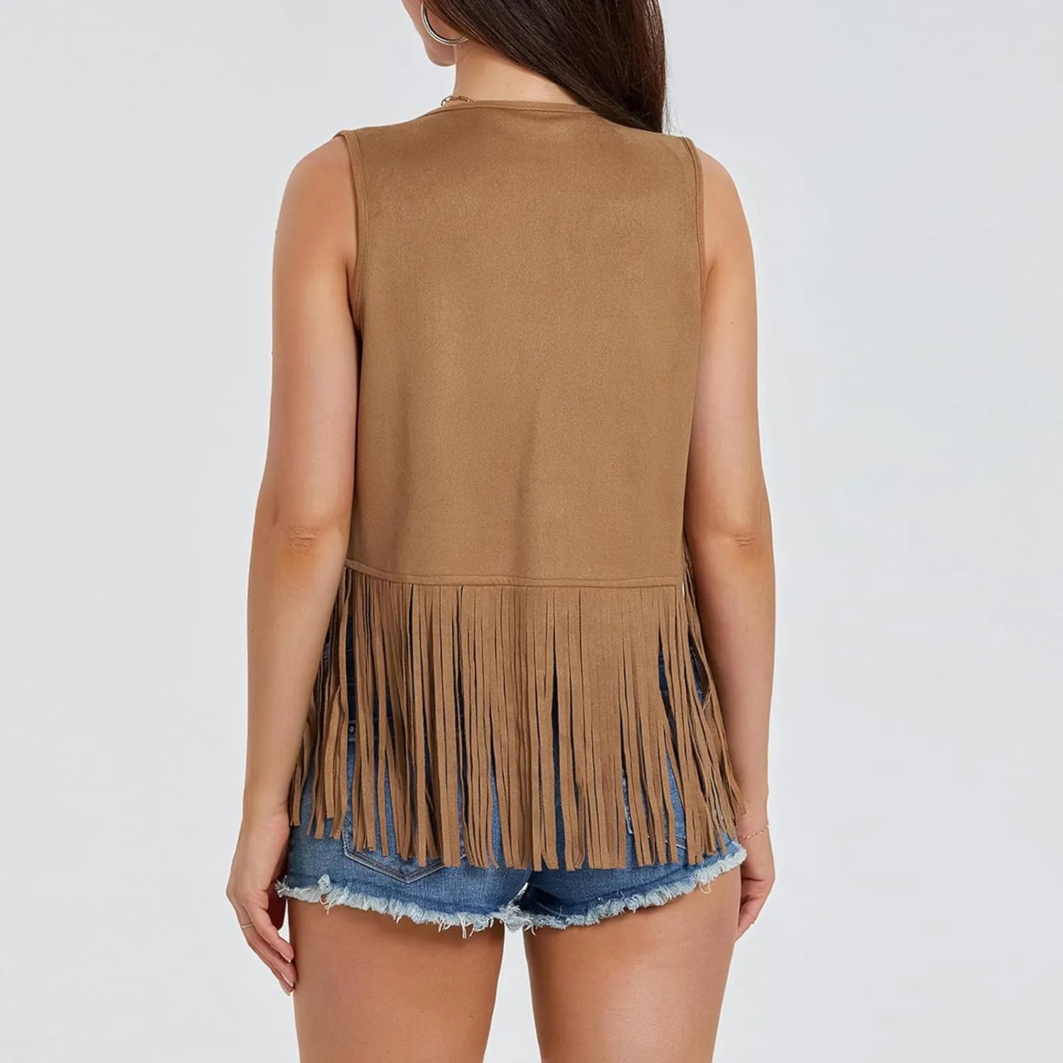Womens Fringe Vest 60s 70s Hippie Vest Sleeveless Cowgirl Western Faux Suede Tassel Jacket Cardigan Outerwear