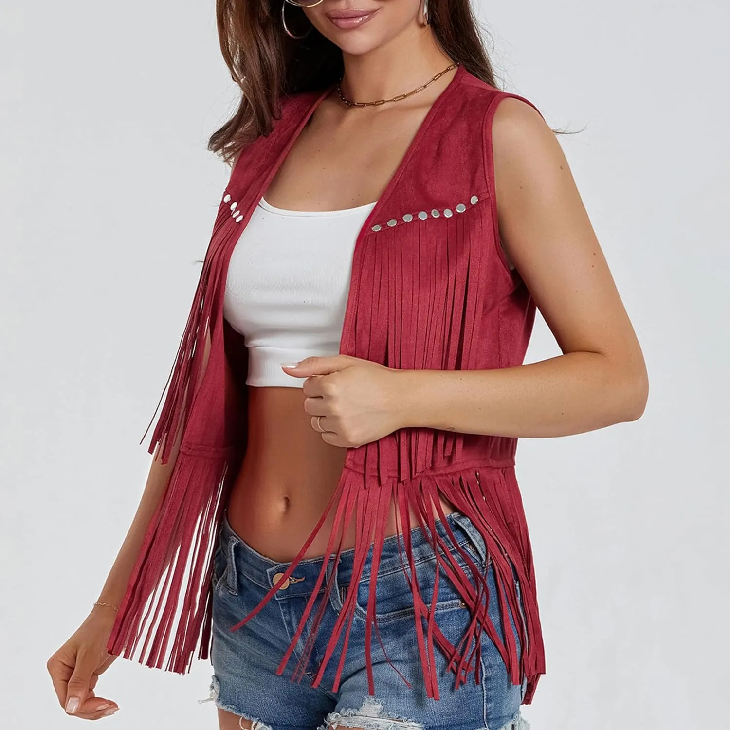 Womens Fringe Vest 60s 70s Hippie Vest Sleeveless Cowgirl Western Faux Suede Tassel Jacket Cardigan Outerwear