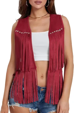 Womens Fringe Vest 60s 70s Hippie Vest Sleeveless Cowgirl Western Faux Suede Tassel Jacket Cardigan Outerwear