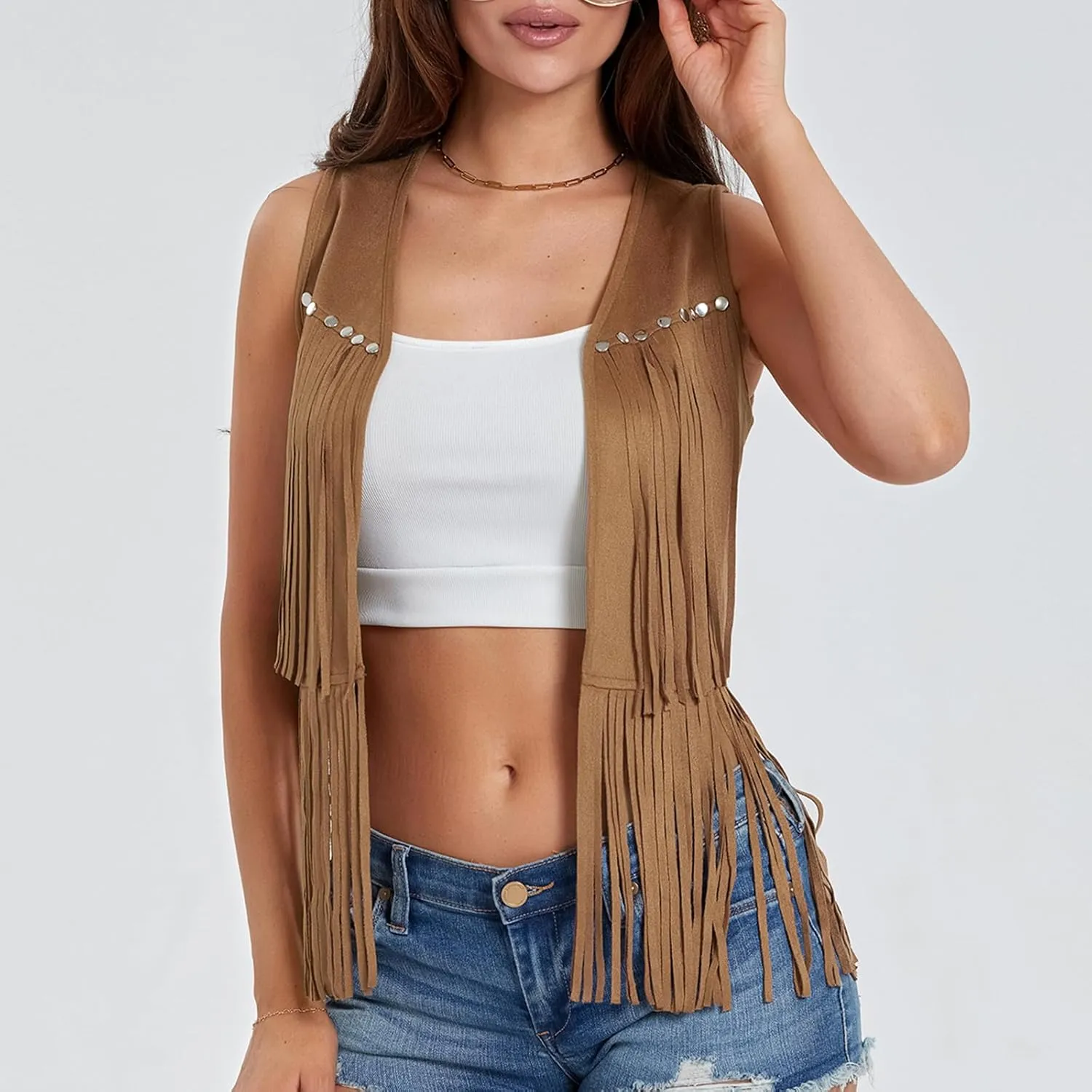 Womens Fringe Vest 60s 70s Hippie Vest Sleeveless Cowgirl Western Faux Suede Tassel Jacket Cardigan Outerwear