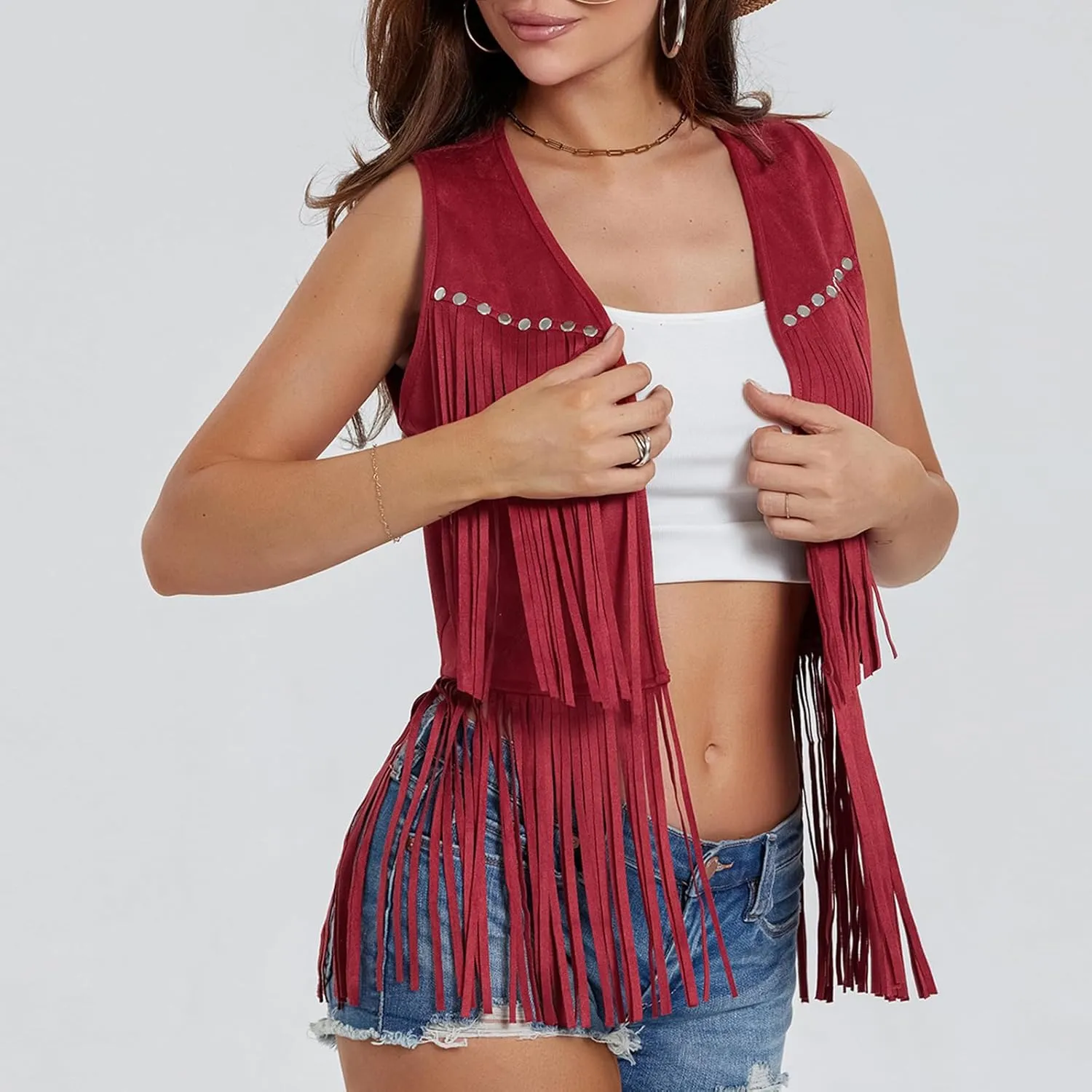 Womens Fringe Vest 60s 70s Hippie Vest Sleeveless Cowgirl Western Faux Suede Tassel Jacket Cardigan Outerwear