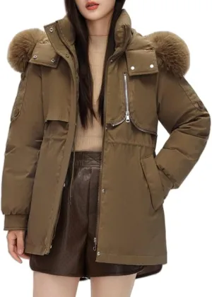 Women's Fur Hooded Puffer Jackets Winter Zip Up Casual Fashion Parka Coat Cotton Padded Outerwear