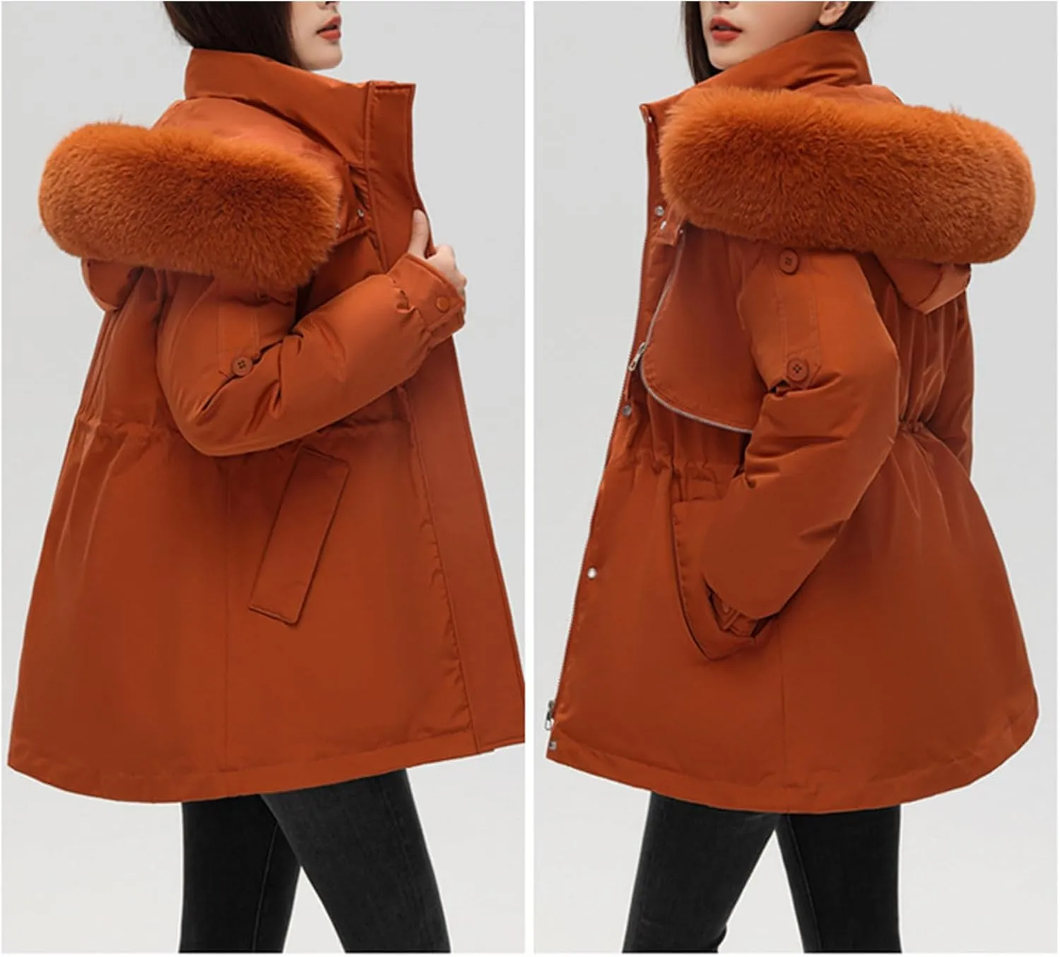 Women's Fur Hooded Puffer Jackets Winter Zip Up Casual Fashion Parka Coat Cotton Padded Outerwear