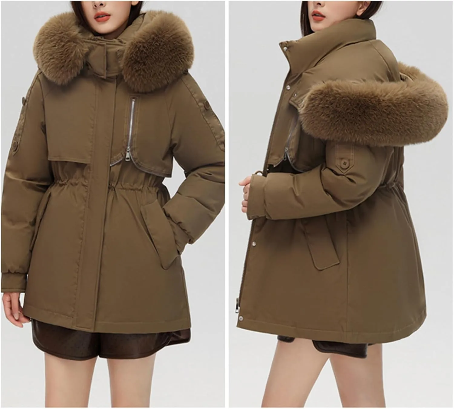 Women's Fur Hooded Puffer Jackets Winter Zip Up Casual Fashion Parka Coat Cotton Padded Outerwear