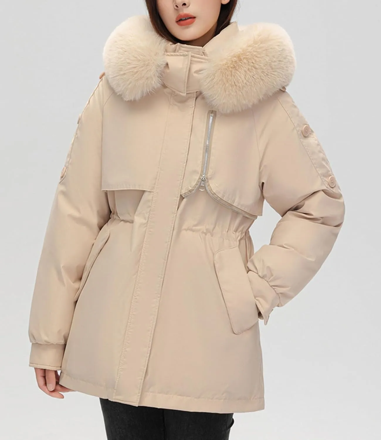 Women's Fur Hooded Puffer Jackets Winter Zip Up Casual Fashion Parka Coat Cotton Padded Outerwear