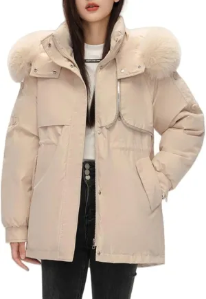 Women's Fur Hooded Puffer Jackets Winter Zip Up Casual Fashion Parka Coat Cotton Padded Outerwear
