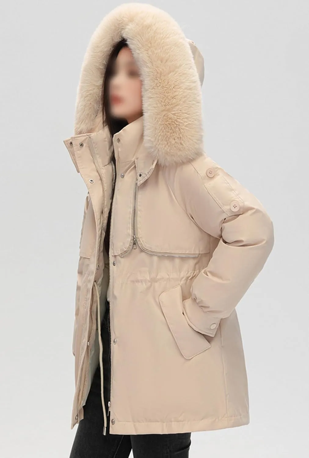 Women's Fur Hooded Puffer Jackets Winter Zip Up Casual Fashion Parka Coat Cotton Padded Outerwear