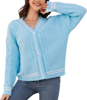 Women's Knit Cardigan Long Sleeve V Neck Sweatshirt Knitted Print Button Down Knitwear Outerwear Blue