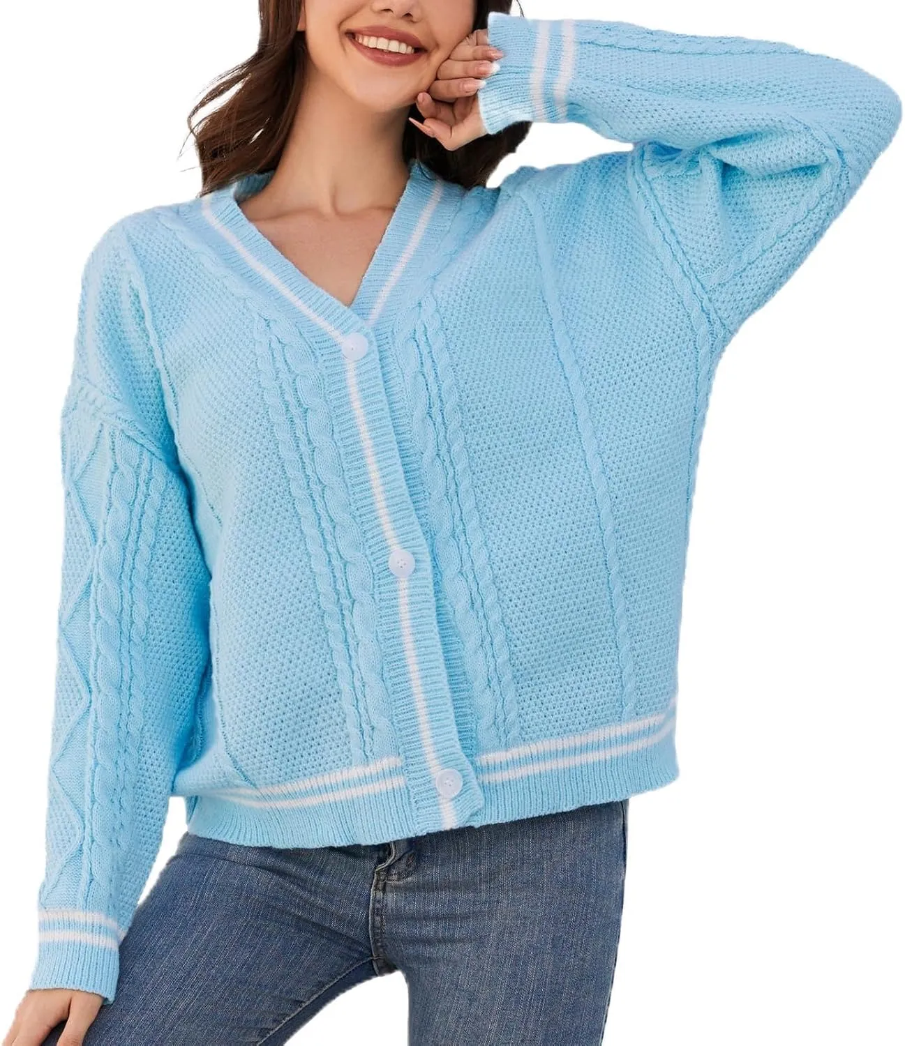 Women's Knit Cardigan Long Sleeve V Neck Sweatshirt Knitted Print Button Down Knitwear Outerwear Blue