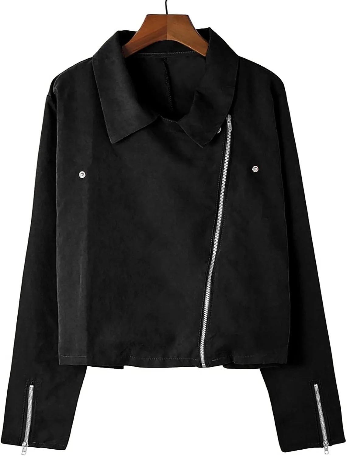 Women's Leather Jackets Solid Open Front Cardigan Lapel Long Sleeve Lightweight Coat Zipper Cropped Jacket