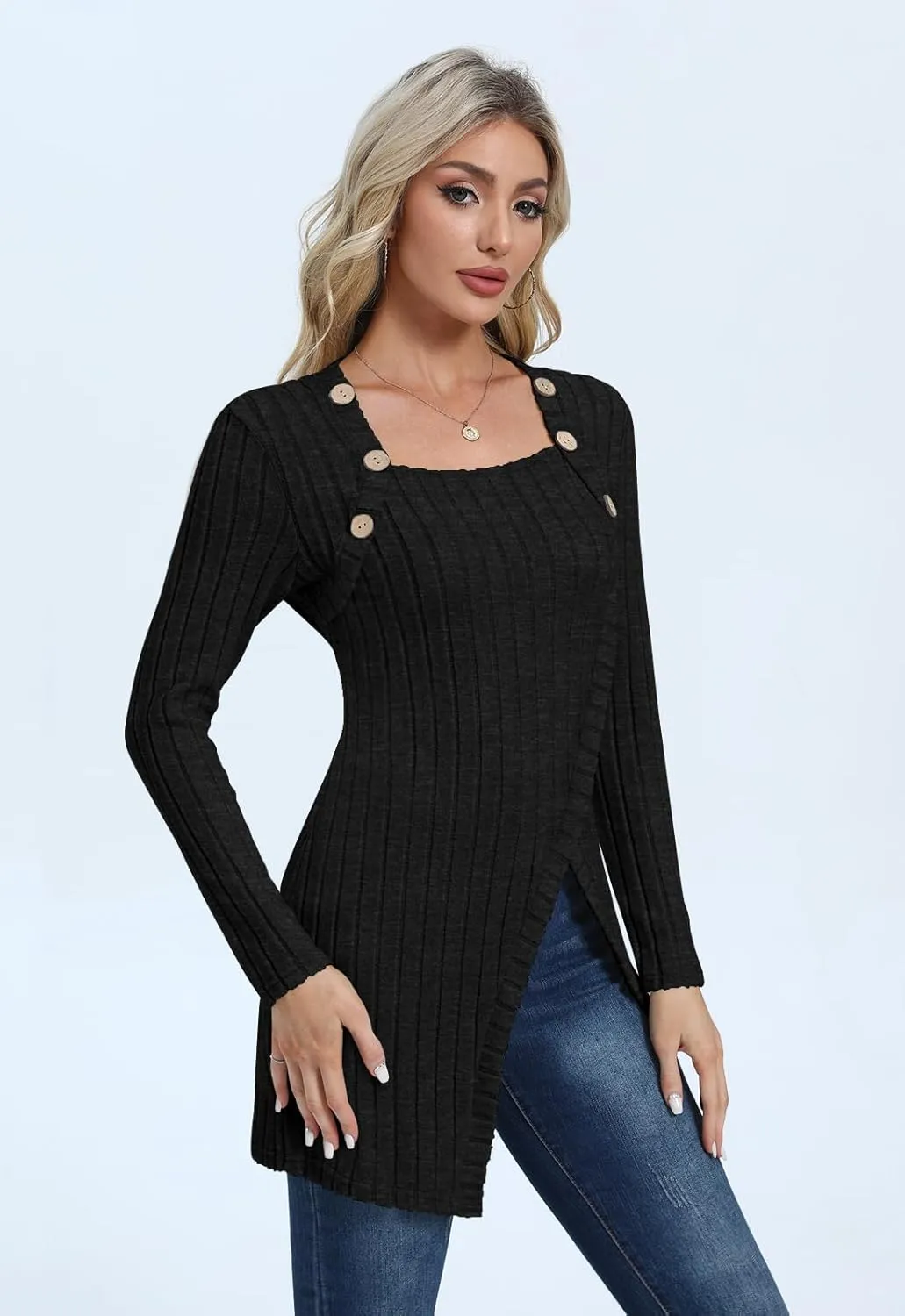 Womens Lightweight Asymmetrical Sweaters Long Sleeve Shirts Casual Fall Button Decor Tunic Tops