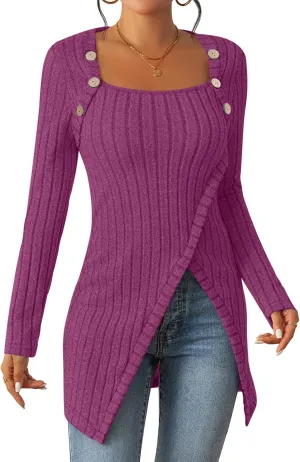 Womens Lightweight Asymmetrical Sweaters Long Sleeve Shirts Casual Fall Button Decor Tunic Tops