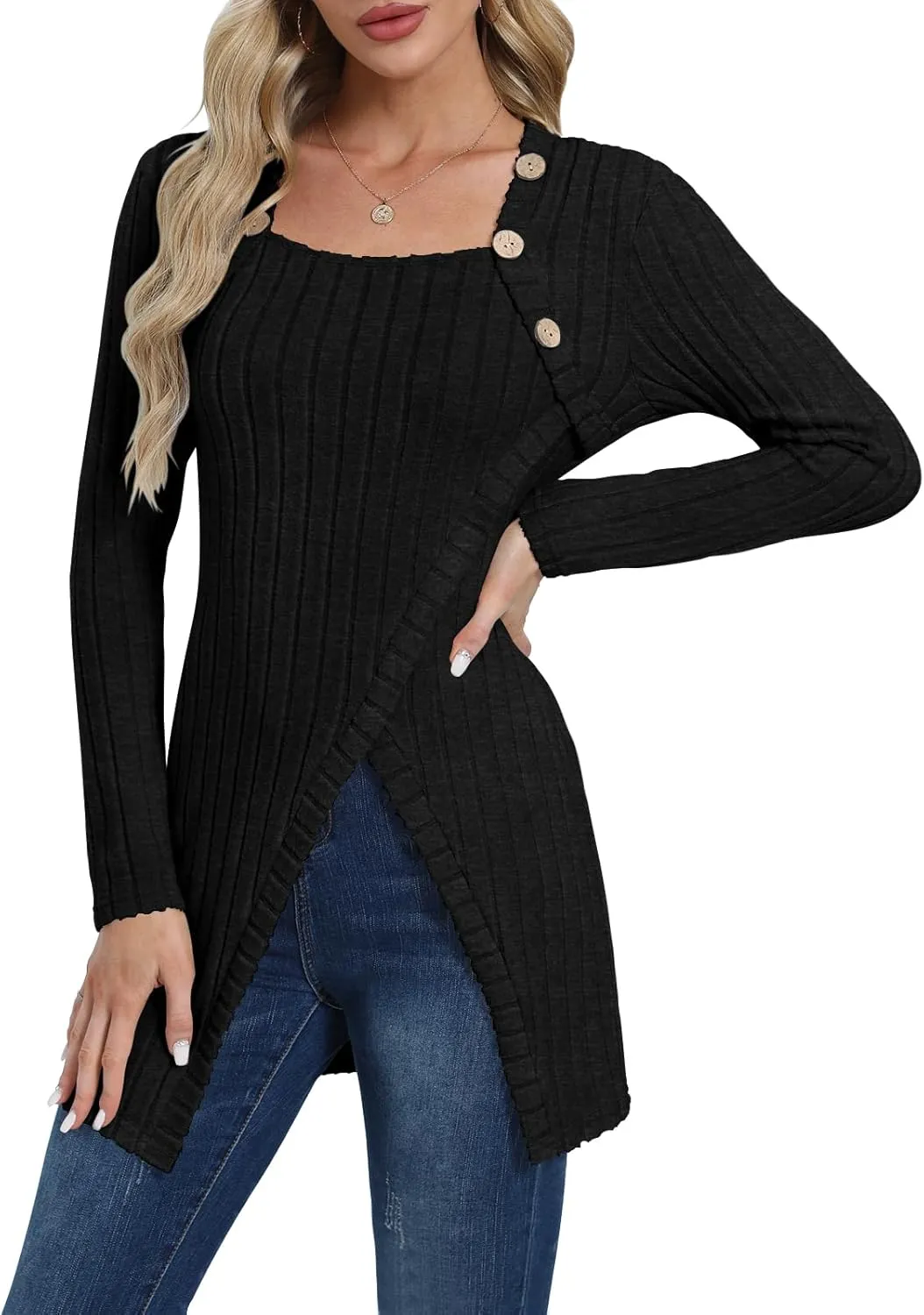 Womens Lightweight Asymmetrical Sweaters Long Sleeve Shirts Casual Fall Button Decor Tunic Tops