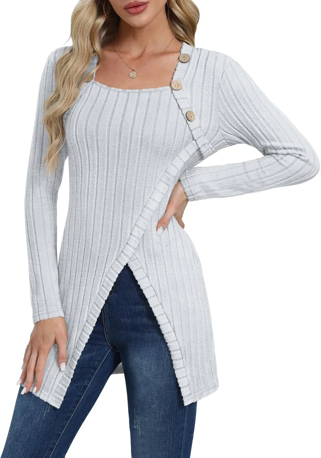 Womens Lightweight Asymmetrical Sweaters Long Sleeve Shirts Casual Fall Button Decor Tunic Tops