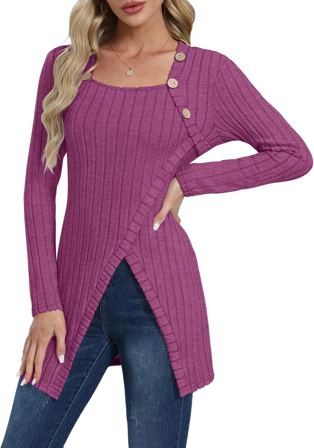 Womens Lightweight Asymmetrical Sweaters Long Sleeve Shirts Casual Fall Button Decor Tunic Tops