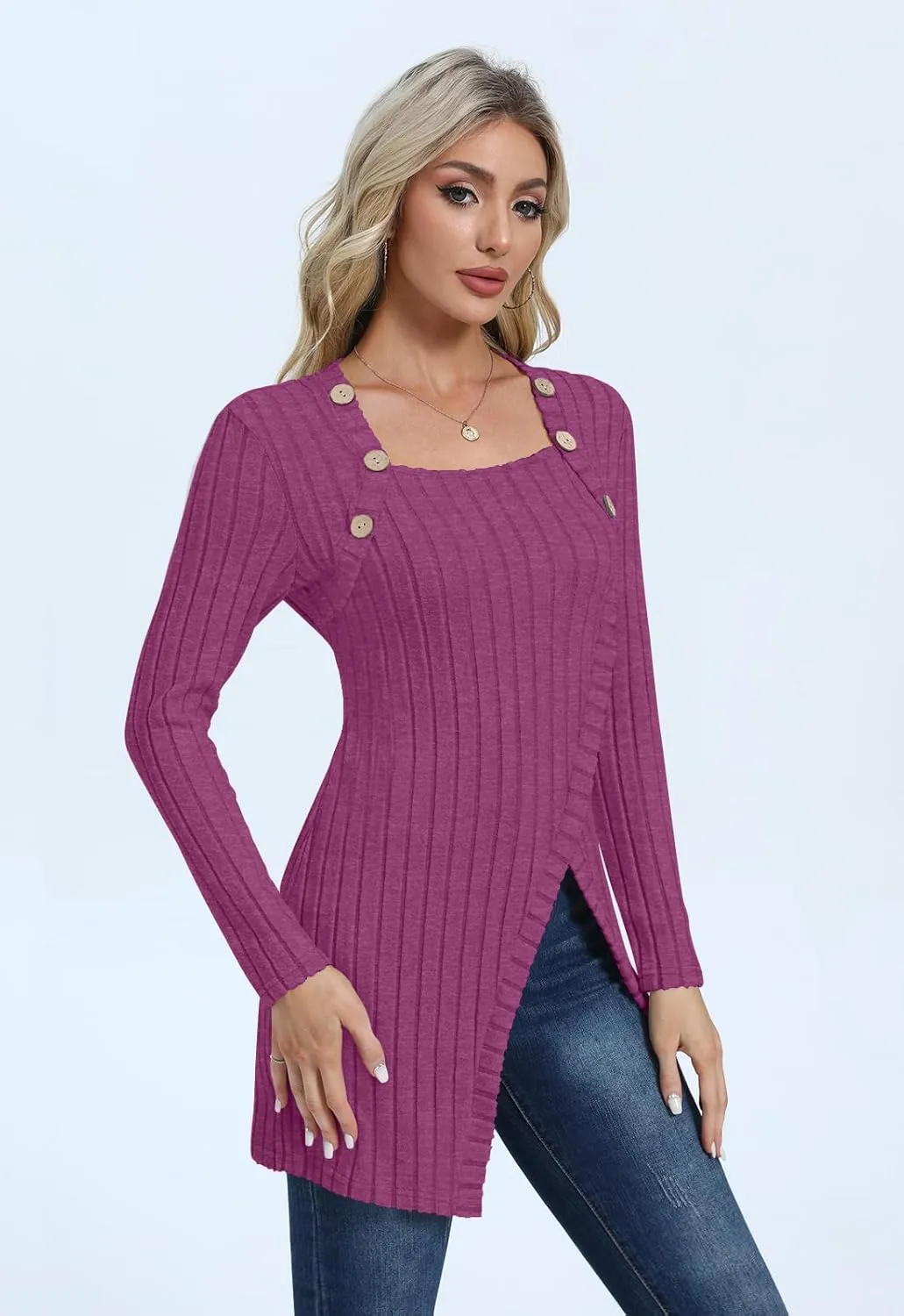 Womens Lightweight Asymmetrical Sweaters Long Sleeve Shirts Casual Fall Button Decor Tunic Tops