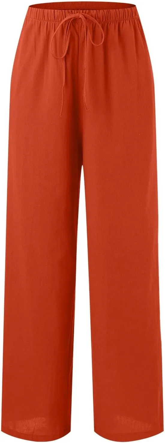Women's Linen Blend Pants High Waisted Baggy Pants with Elastic Waist Relax Fit Lantern Trouser with Pockets
