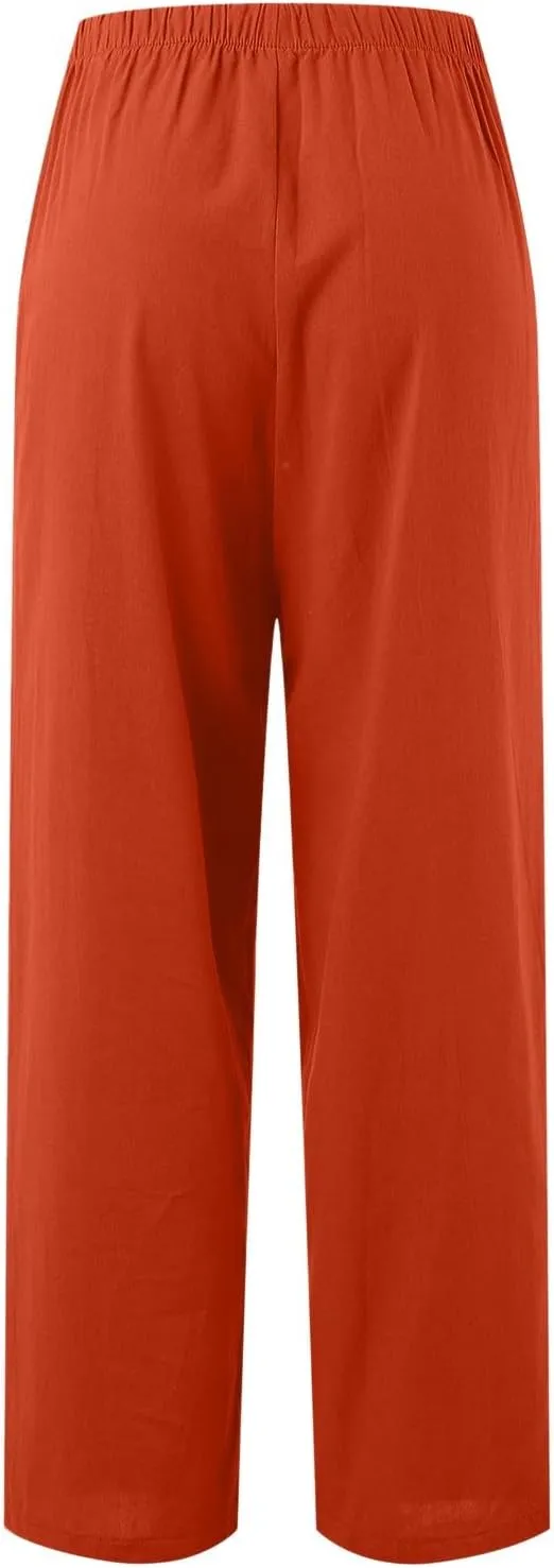 Women's Linen Blend Pants High Waisted Baggy Pants with Elastic Waist Relax Fit Lantern Trouser with Pockets