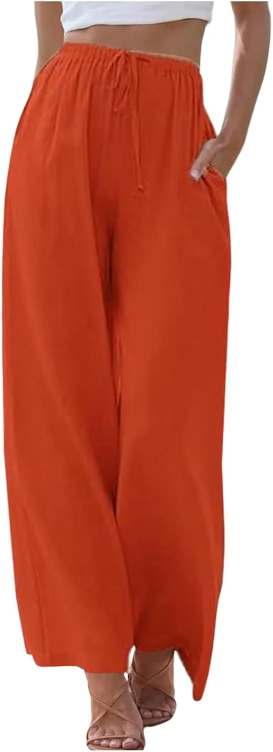 Women's Linen Blend Pants High Waisted Baggy Pants with Elastic Waist Relax Fit Lantern Trouser with Pockets