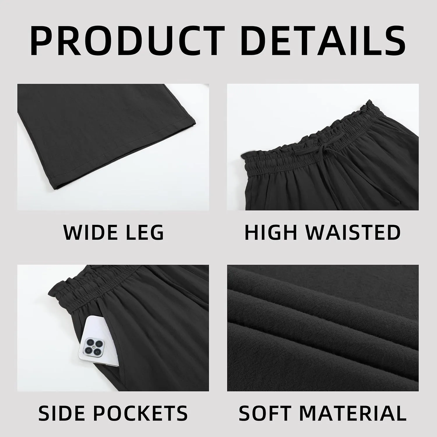 Womens Linen Pants Wide Leg High Waisted Drawstring Casual Loose Beach Pants with Pockets