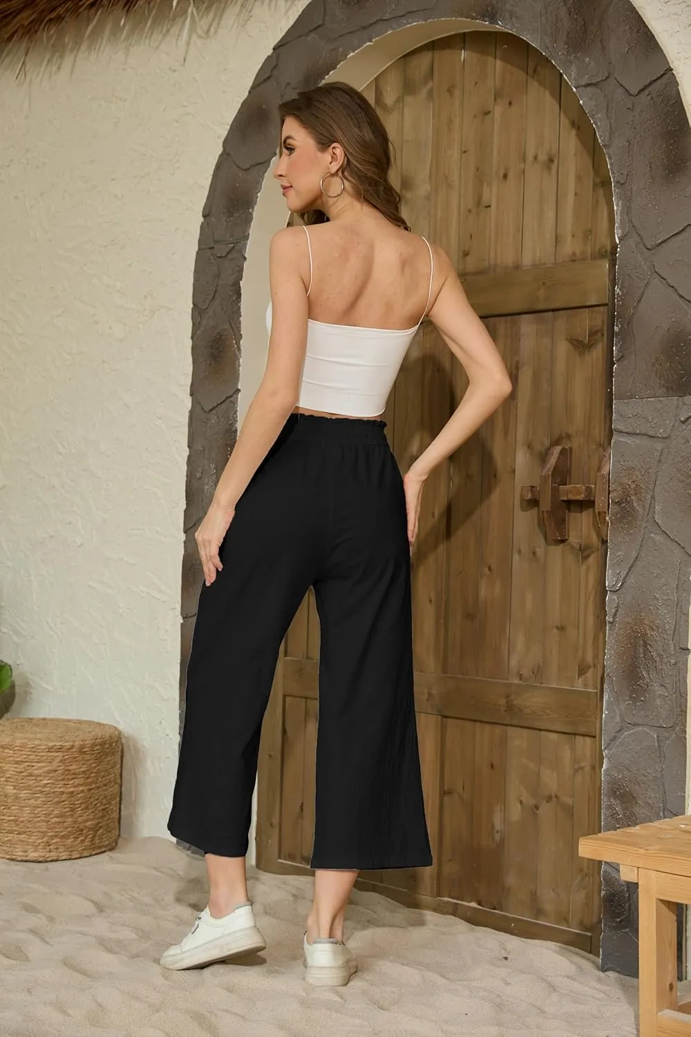 Womens Linen Pants Wide Leg High Waisted Drawstring Casual Loose Beach Pants with Pockets