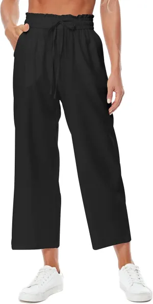 Womens Linen Pants Wide Leg High Waisted Drawstring Casual Loose Beach Pants with Pockets