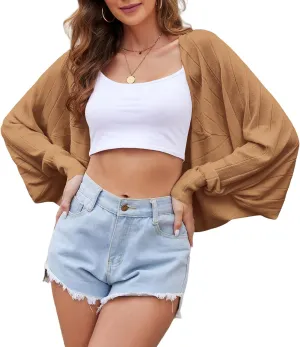 Women's Open Front Casual Long Sleeve Loose Batwing Sweaters Cardigan Lightweight Shrug Knit Bolero Tops