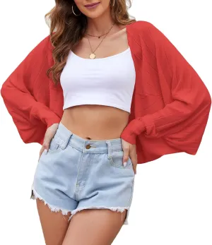 Women's Open Front Casual Long Sleeve Loose Batwing Sweaters Cardigan Lightweight Shrug Knit Bolero Tops