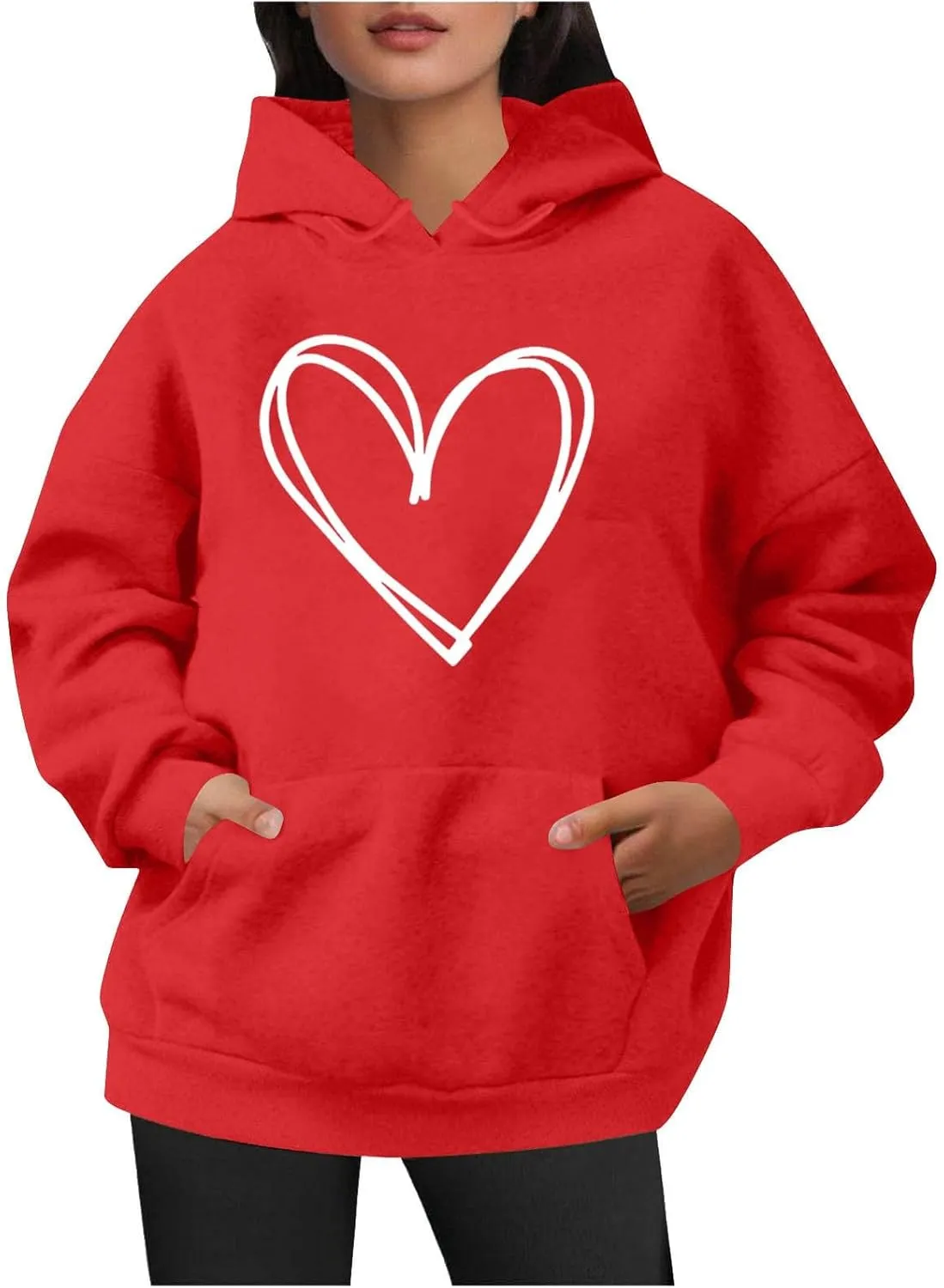 Womens Oversized Graphic Hoodies Casual Long Sleeve Heart Print Pullover Comfort Pocket Drawstring Hooded Sweatshirt