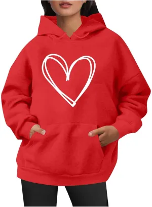 Womens Oversized Graphic Hoodies Casual Long Sleeve Heart Print Pullover Comfort Pocket Drawstring Hooded Sweatshirt