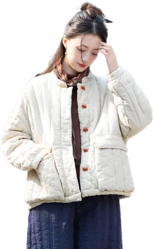 Women's Quilted Lightweight Short Jacket Chinese Style Tang Suit Cotton Linen Padded Outerwear Coats with Pockets