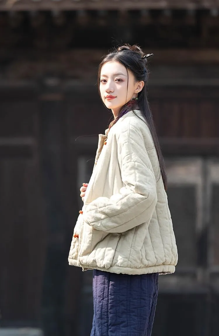 Women's Quilted Lightweight Short Jacket Chinese Style Tang Suit Cotton Linen Padded Outerwear Coats with Pockets