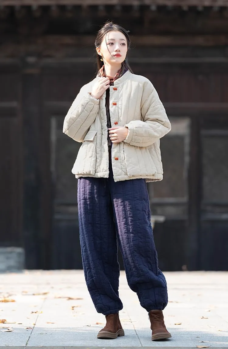 Women's Quilted Lightweight Short Jacket Chinese Style Tang Suit Cotton Linen Padded Outerwear Coats with Pockets