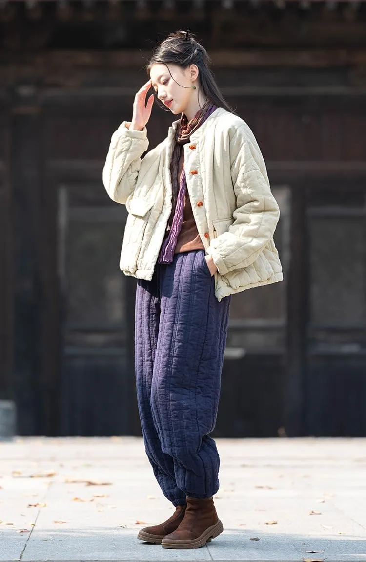 Women's Quilted Lightweight Short Jacket Chinese Style Tang Suit Cotton Linen Padded Outerwear Coats with Pockets